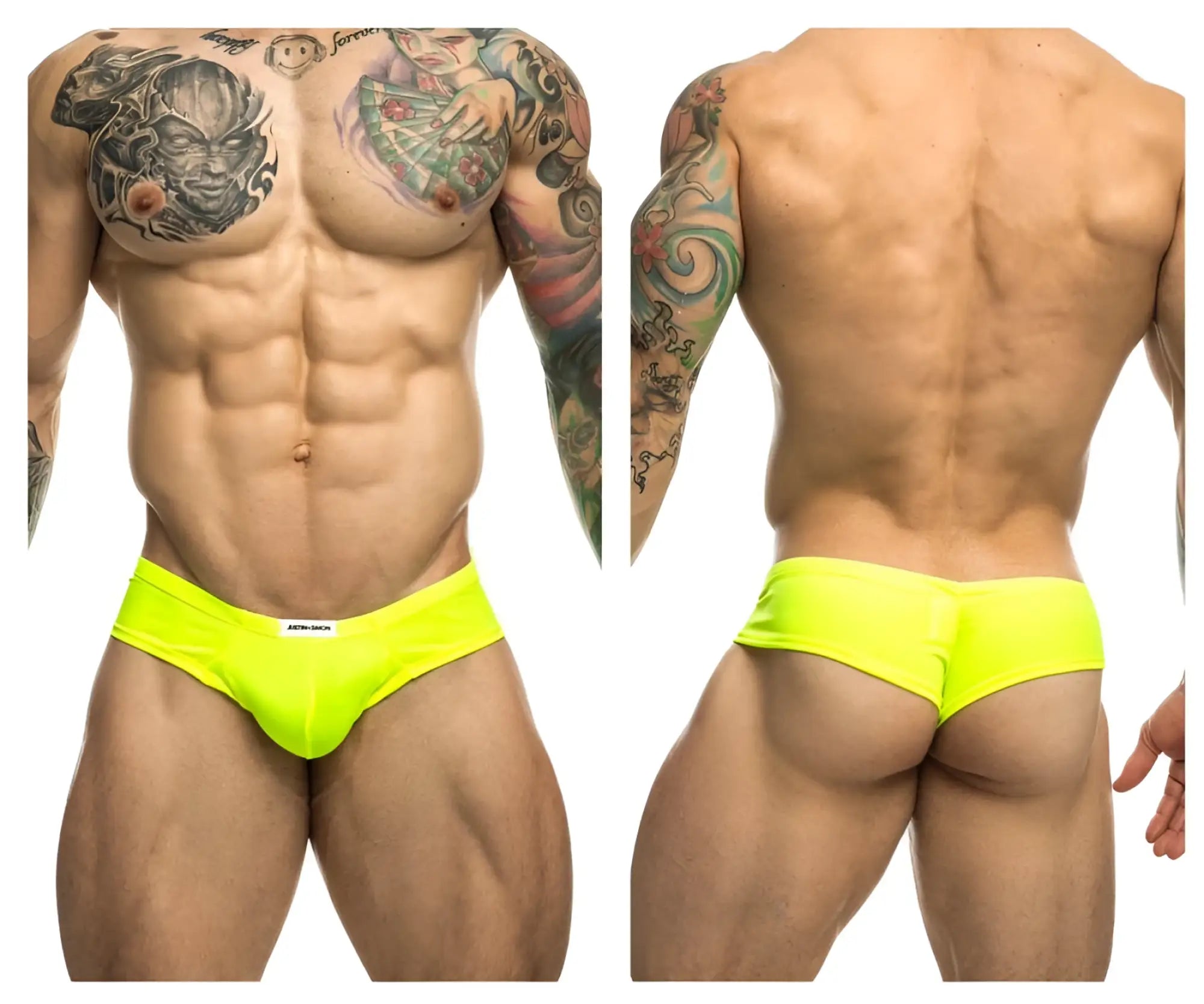 Justin+Simon XSJ22 cheek briefs in neon green bright yellow with a snug fit and white brand tag on the waistband