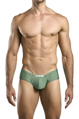 Olive green justin simon xsj22 men’s cheek briefs with white brand tag on waistband in new green color