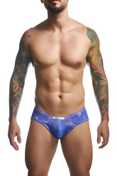 Justin+Simon XSJ22 cheek briefs with blue patterned fabric and white logo on waistband for a colorful look