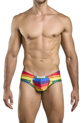 Rainbow-striped men’s briefs with justin smile label on waistband from JUSTIN+SIMON XSJ22 cheek briefs color pride flag collection