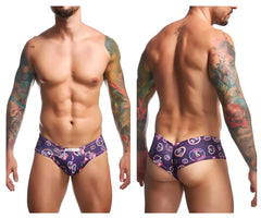 Purple patterned men’s briefs with circular designs and text from justin simon xsj22 cheek briefs color pride collection
