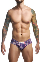 Purple patterned men’s briefs with vibrant hearts and pride text in pink white and black from JUSTIN+SIMON XSJ22 Cheek Briefs