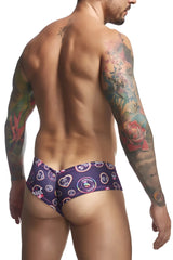 Purple patterned swim trunks with heart and love designs bold colorful print from justin simon xsj22 cheek briefs color pride