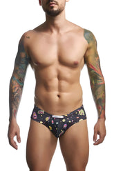 Black briefs justin simon xsj22 cheek briefs color psychedelic with vibrant colorful cartoon themed whimsical pattern