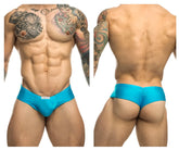 Bright turquoise justin simon xsj22 cheek briefs with sleek form-fitting design and white brand tag at waistband