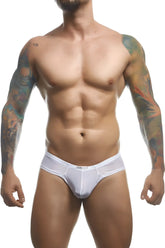 White mesh cotton cheek briefs with subtle elastic waistband and black zenith brand name front print justinsimon xsj22