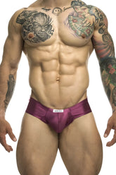 Justin+Simon xsj22 cheek briefs in wine color with purple satin material and white brand tag at waistband