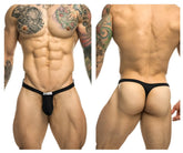 Black Justin+Simon XSJBU02 bulge thong with small silver logo on front band in a sleek design