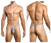 Silver glittery lurex gray bulge thong with subtle pattern and small brand tag by justin+simon xsjbu02