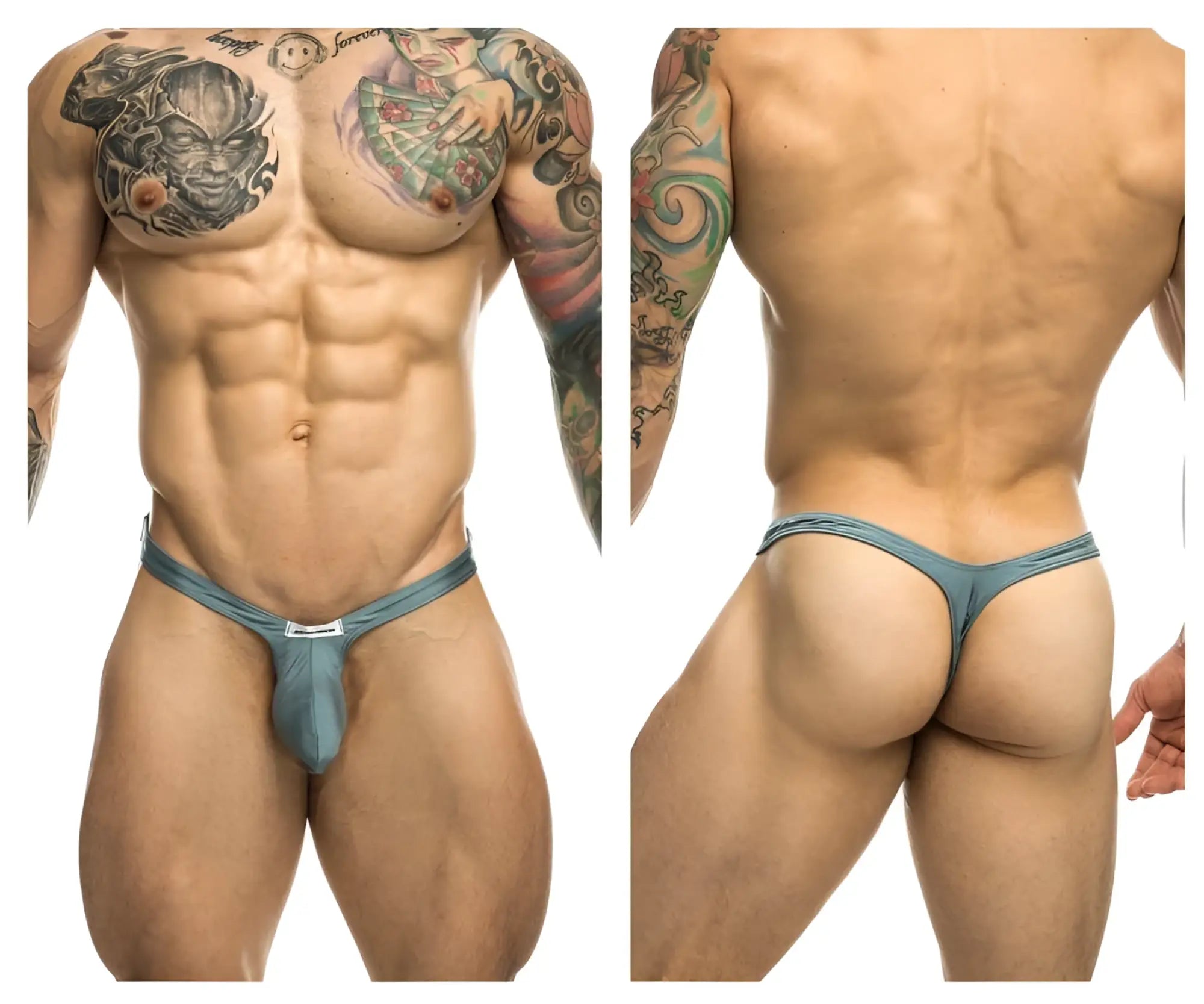 Teal-colored bulge thong with a metallic buckle front from justin+simon xsjbu02 metal green collection