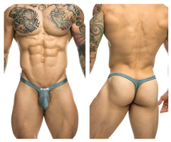 Teal-colored bulge thong with a metallic buckle front from justin+simon xsjbu02 metal green collection