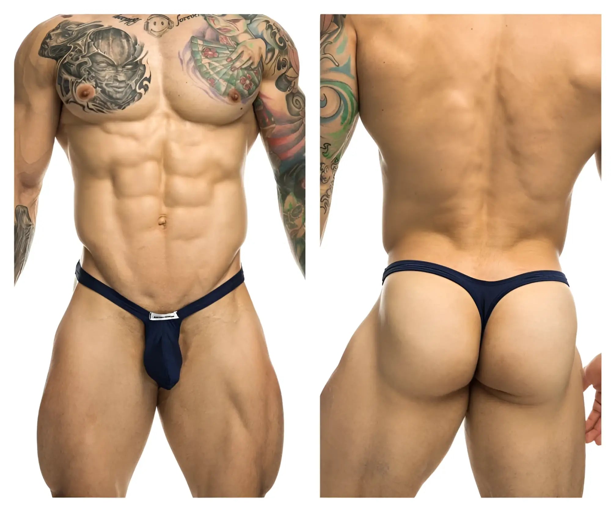 Navy blue Justin Simon XSJBU02 bulge thong with a small metallic clasp at the front for a sleek fit