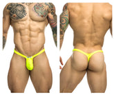 Bright neon yellow justin simon xsjbu02 bulge thong with small white brand tag at front for bold underwear style
