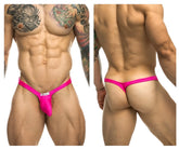 Vibrant pink nylon JUSTIN SIMON XSJBU02 bulge thong with small white label at the front