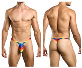 Justin simon xsjbu02 bulge thong with rainbow stripe pattern and calvin klein logo in stretchy fabric color pride flag