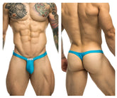 Justin+Simon xsjbu02 bulge thong in bright turquoise blue with a small white brand tag at the front