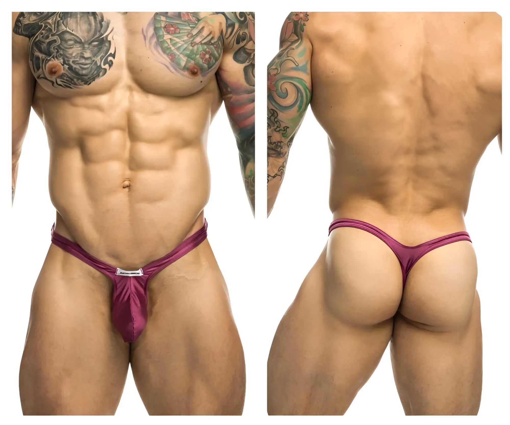 Justin+Simon XSJBU02 bulge thong in wine satin with a form-fitting design and small metallic front clasp