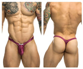 Justin+Simon XSJBU02 bulge thong in wine satin with a form-fitting design and small metallic front clasp