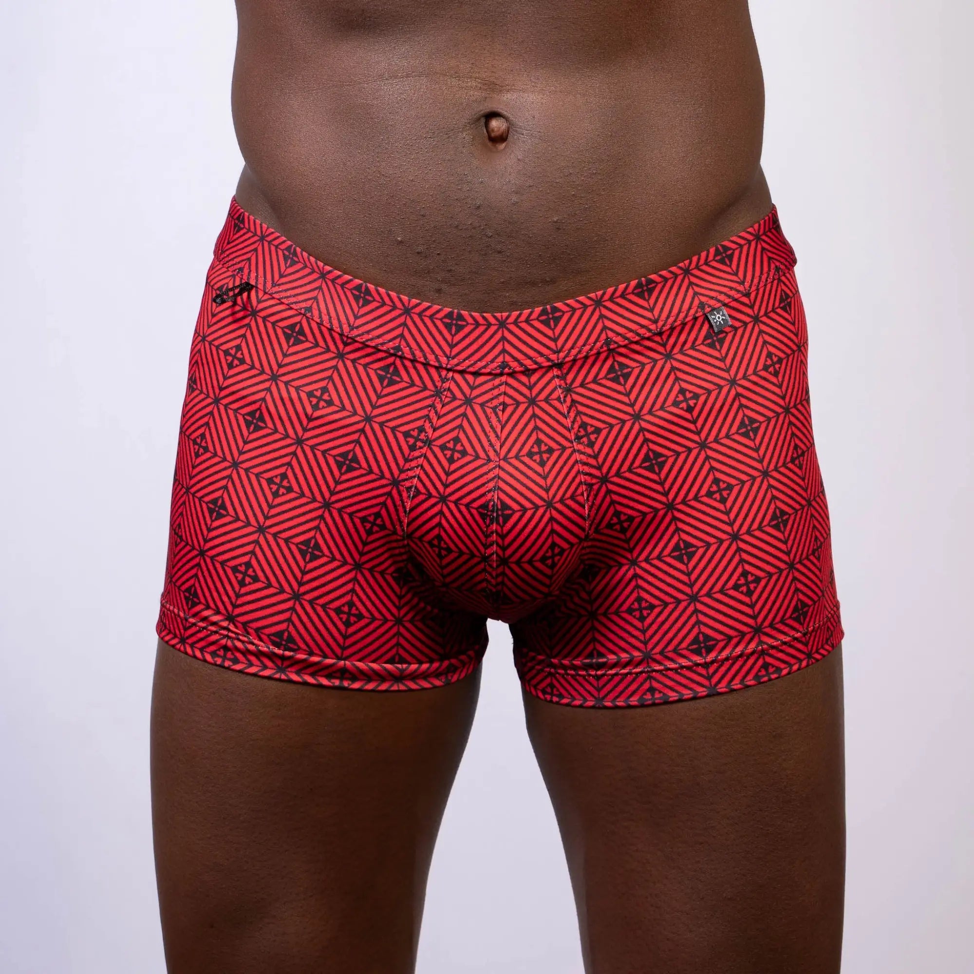Kaleidoscope sq cut trunk red boxer briefs with black geometric pattern designed for comfortable daily wear