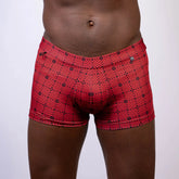 Kaleidoscope sq cut trunk red boxer briefs with black geometric pattern designed for comfortable daily wear