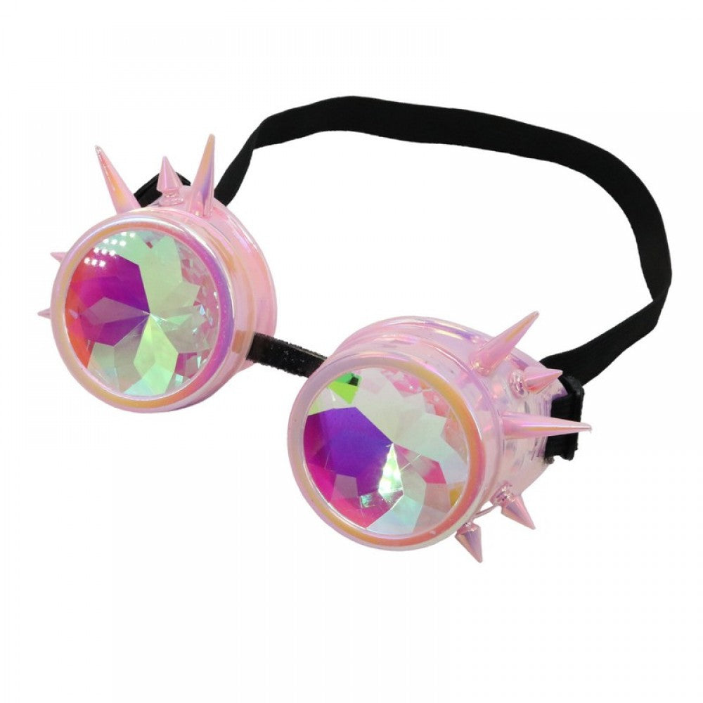 Pink iridescent kaleidoscope goggles with sharp spikes and rainbow-hued faceted lenses for bold style