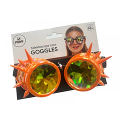Orange spiked kaleidoscope goggles with iridescent green and yellow faceted lenses for unique visual effects