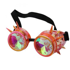 Vibrant pink and gold steampunk kaleidoscope goggles with spikes and iridescent faceted lenses
