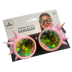 Pink kaleidoscope goggles with spikes featuring iridescent green and yellow gemstone-like lenses