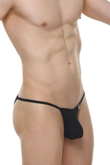Kini Skine black thong with a snug form-fitting design and thin elastic waistband shown from the back side