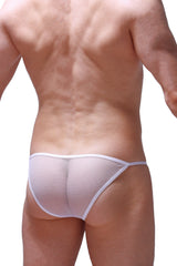 White mesh thong with a thin seamless waistband from petitq kini mesh white collection, front view