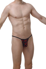 Black thong with red graphic patterns from PetitQ Kini Boudoir featuring bold and stylish intimate wear