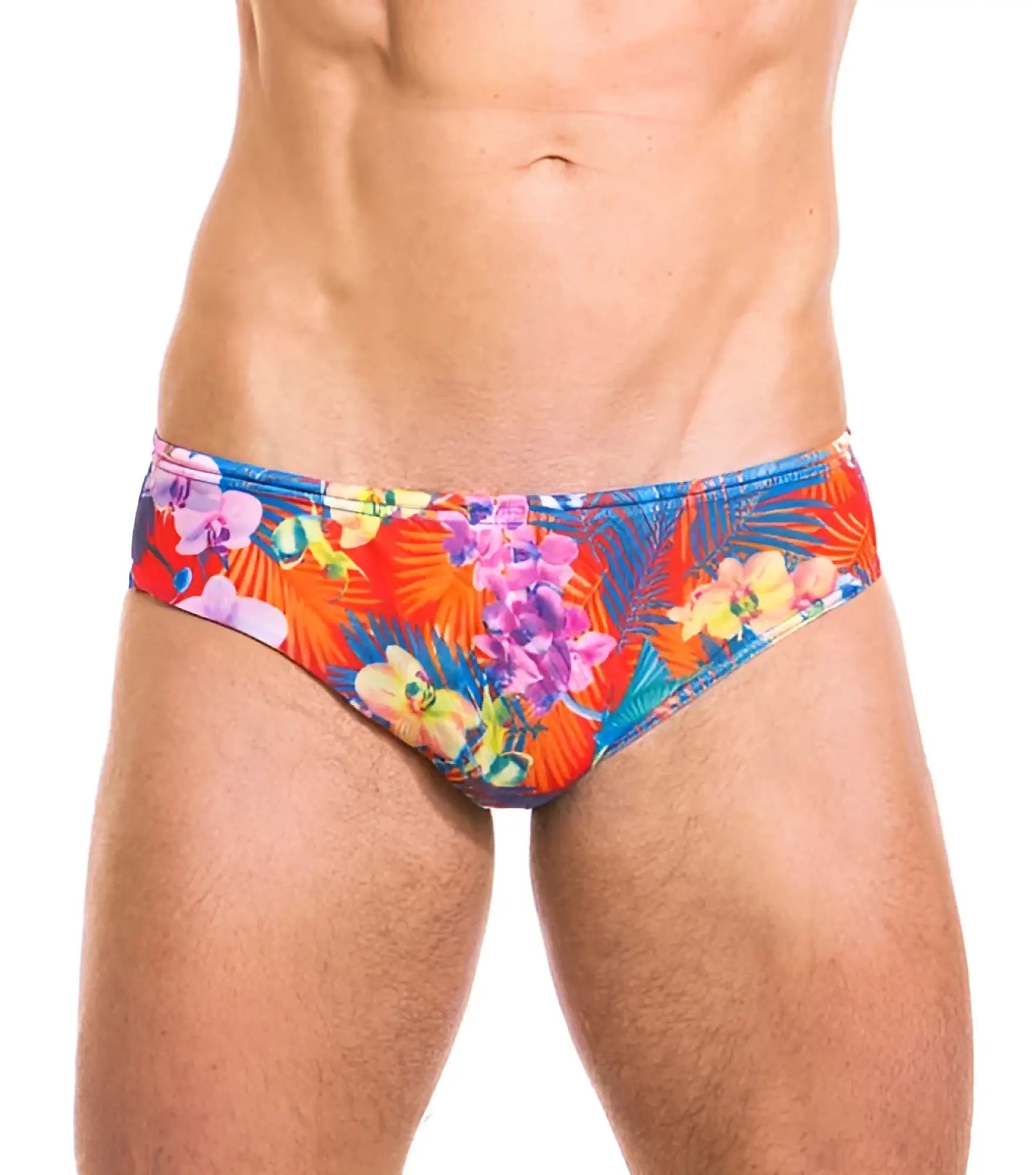 Vibrant tropical floral print kiniki continental tan through deep waist bikini swimwear in red blue and purple hues size s