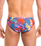Vibrant tropical floral patterned kiniki continental tan through deep waist bikini swim trunks in red blue and purple hues size s