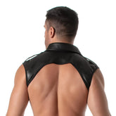 Black faux leather sleeveless vest with kinky collar and cutout back design shown from the back side