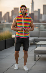 Rainbow stripe faux fur hoodie fuzzy vest with hood zipper and drawstrings in vibrant rainbow colors