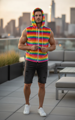 Rainbow stripe faux fur hoodie fuzzy vest with hood zipper and drawstrings in vibrant rainbow colors