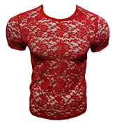 Red lace t-shirt with short sleeves and a floral pattern displayed on a mannequin.