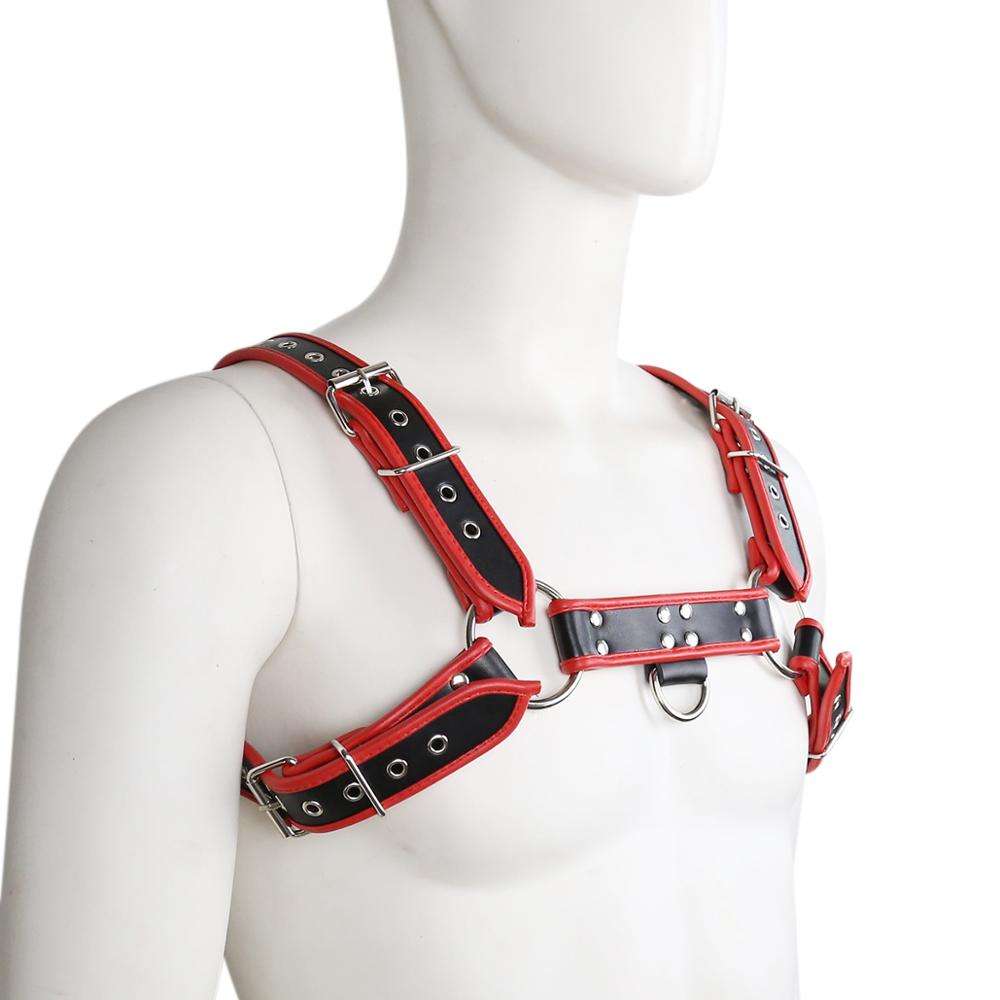 Knobs SF black and red contrast trim harness worn on a white mannequin torso.