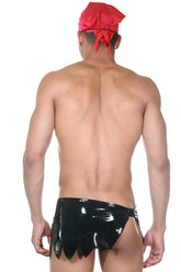 Black glossy latex pirate-style briefs with a red bandana from lablinque pirate roleplay outfit size l