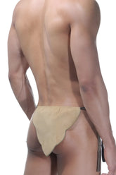 Tan suede-like LaBlinque Tarzan tie side loincloth briefs with scalloped edge and dark trim in size XL