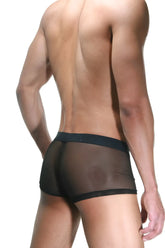 LaBlinque tulle boxer brief underwear in black with blue mesh fabric and solid black waistband size XL shown from front