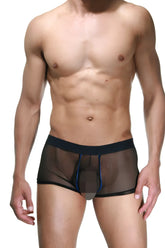 Black sheer mesh tulle boxer briefs with navy blue elastic waistband and trim by lablinque size xl