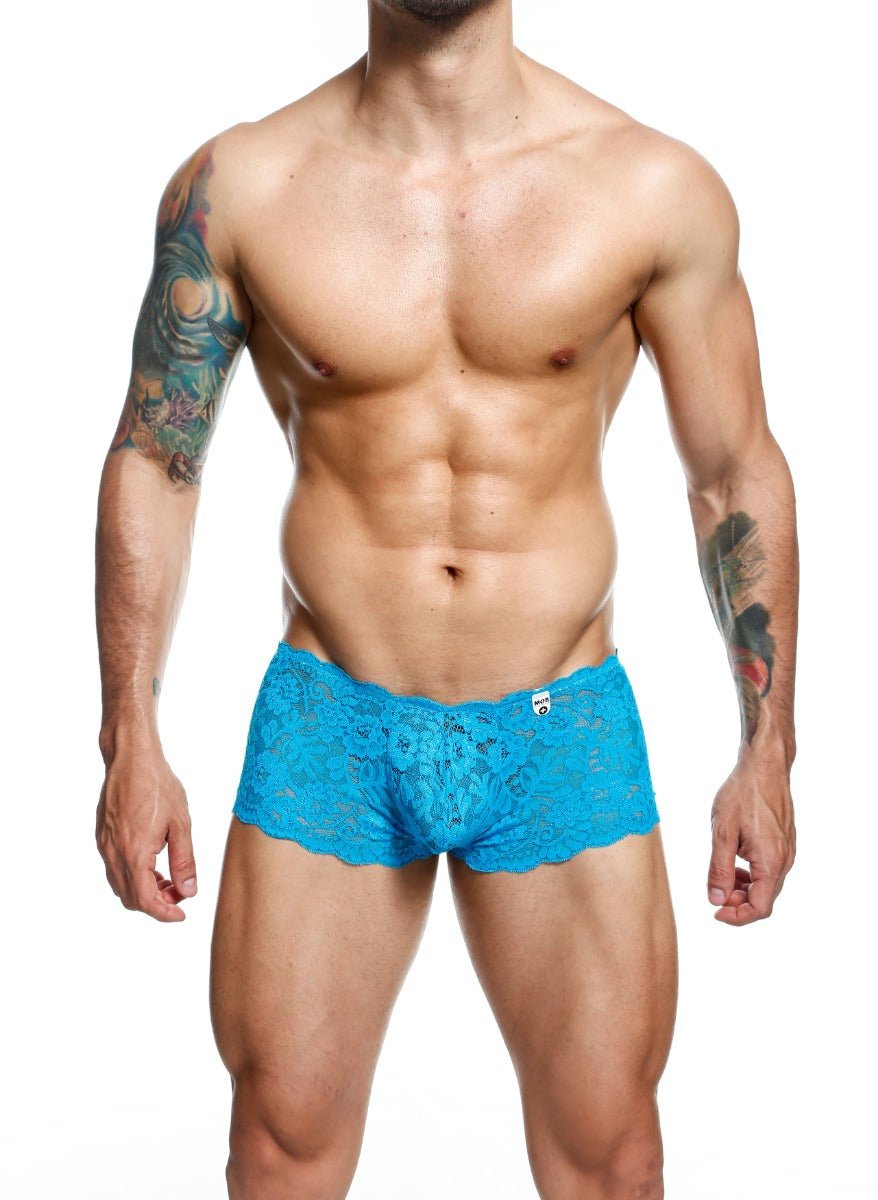 Bright blue lace boxer shorts with scalloped edges men’s brief final sale underwear