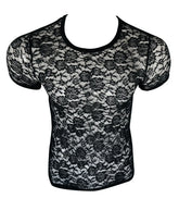 Black lace tee with floral pattern and short sleeves perfect for stylish casual wear
