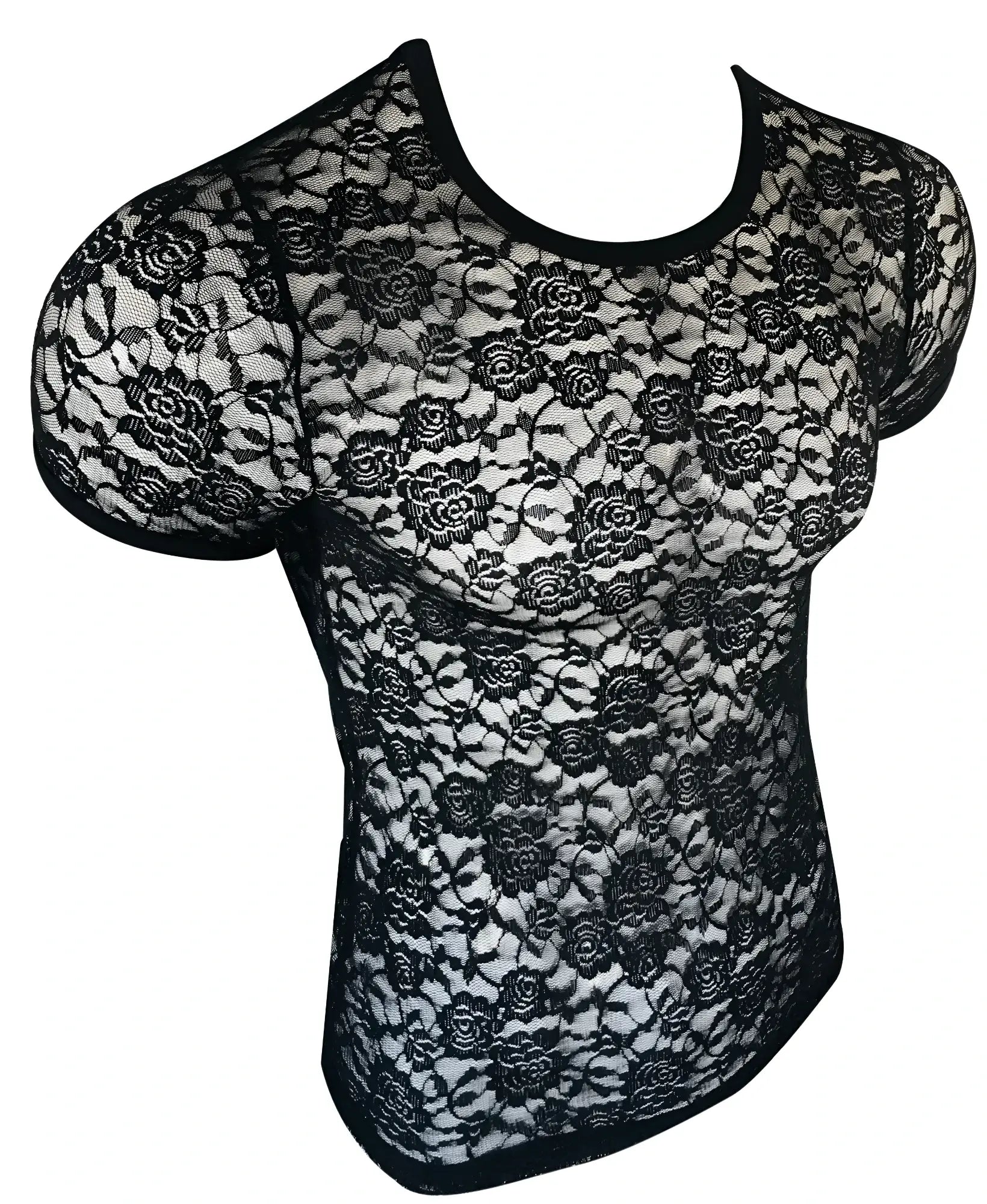 Black floral lace tee with short sleeves and rounded neckline perfect for elegant casual wear