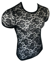 Black floral lace tee with short sleeves and rounded neckline perfect for elegant casual wear