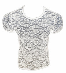 White floral lace short-sleeved tee with round neckline perfect for casual and dressy occasions