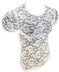 White floral lace tee with short sleeves and rounded neckline perfect for casual and dressy occasions