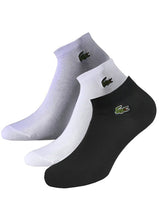 Set of three lacoste sport ankle socks in gray white and black with embroidered crocodile logos one size