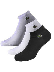 Set of three lacoste sport ankle socks in gray white and black with embroidered crocodile logos one size